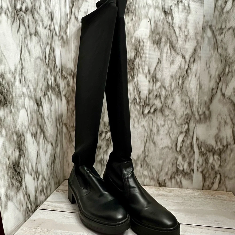 Zara Womens Sz 36 US 6 Black Stretch Knee High Boots Lug Bottom Wide Shaft Moto